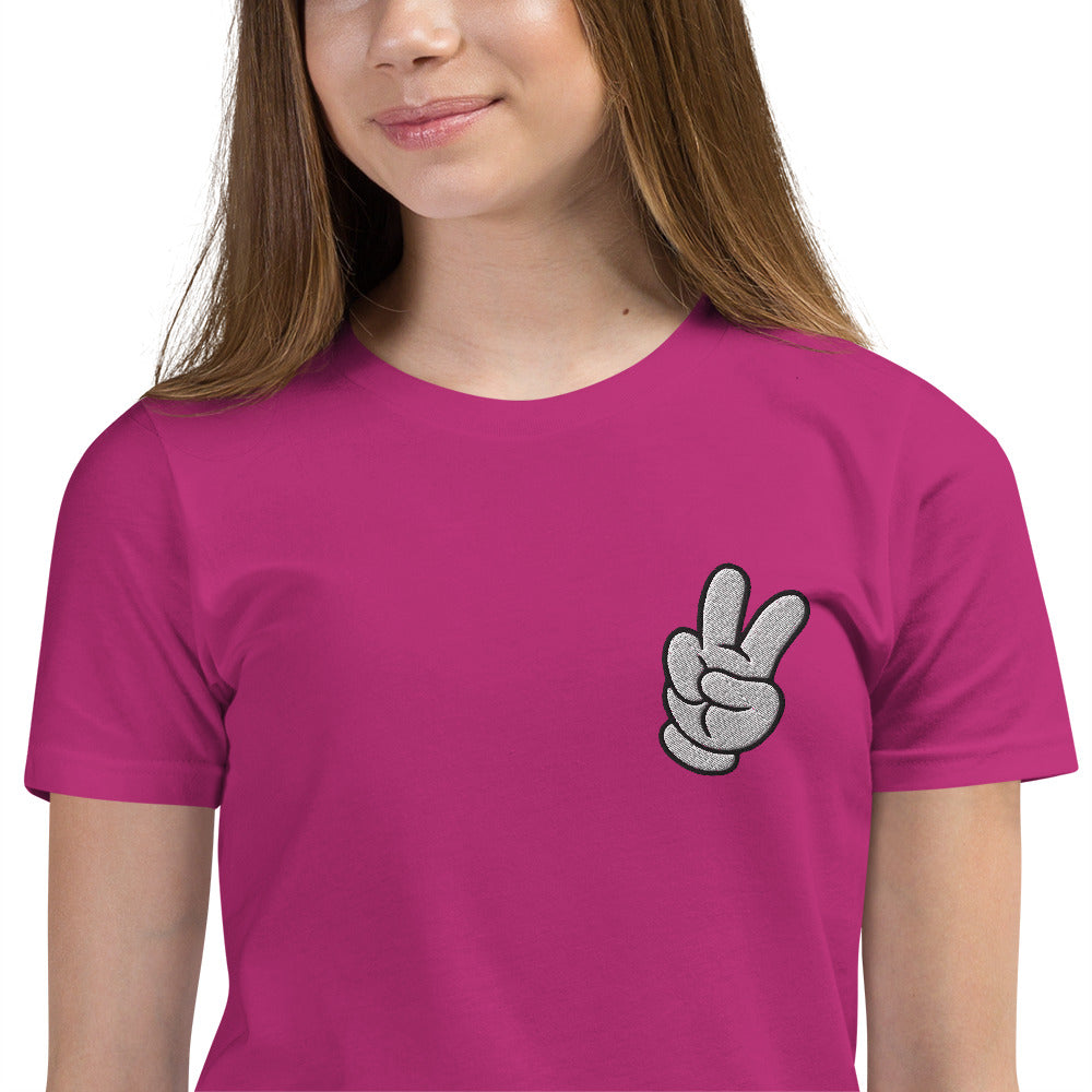 Peace Sign Side Embroidery Youth Short Sleeve T-Shirt