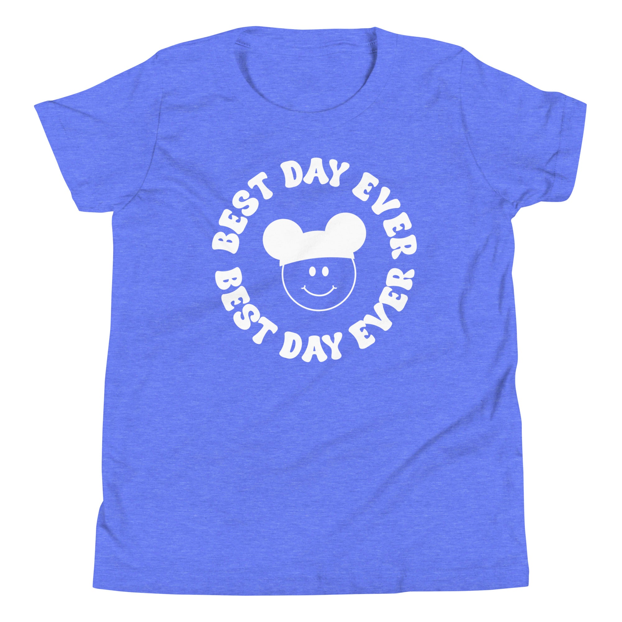 Blue youth shirt displaying a smiling face and mickey ears that reads Best day Ever