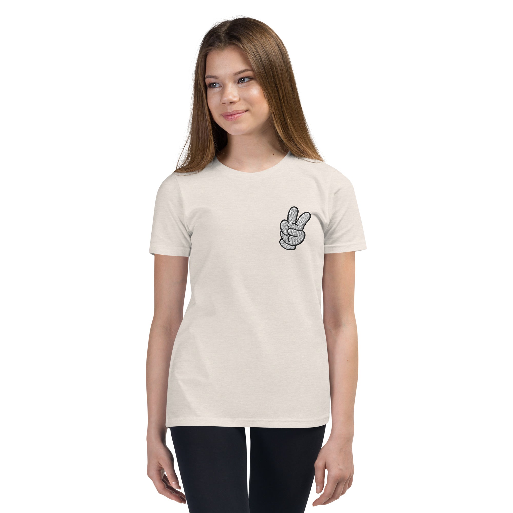 Peace Sign Side Embroidery Youth Short Sleeve T-Shirt