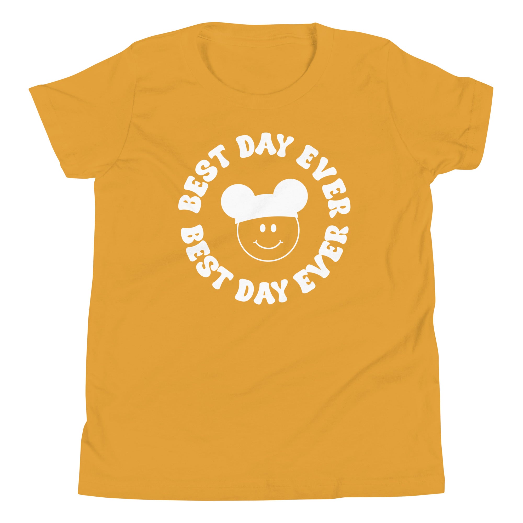 Yellow youth shirt displaying a smiling face and mickey ears that reads Best day Ever